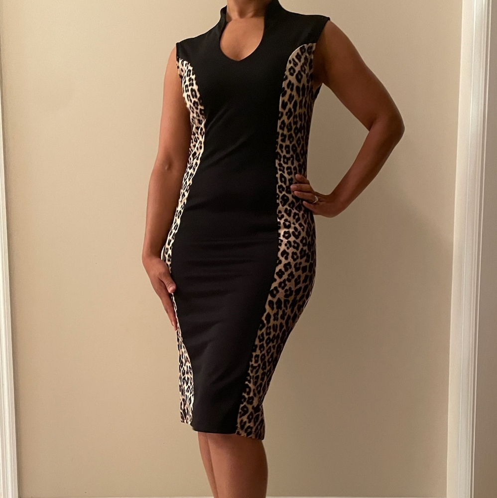 NWT Sexy Midi Dress with Leopard Detail